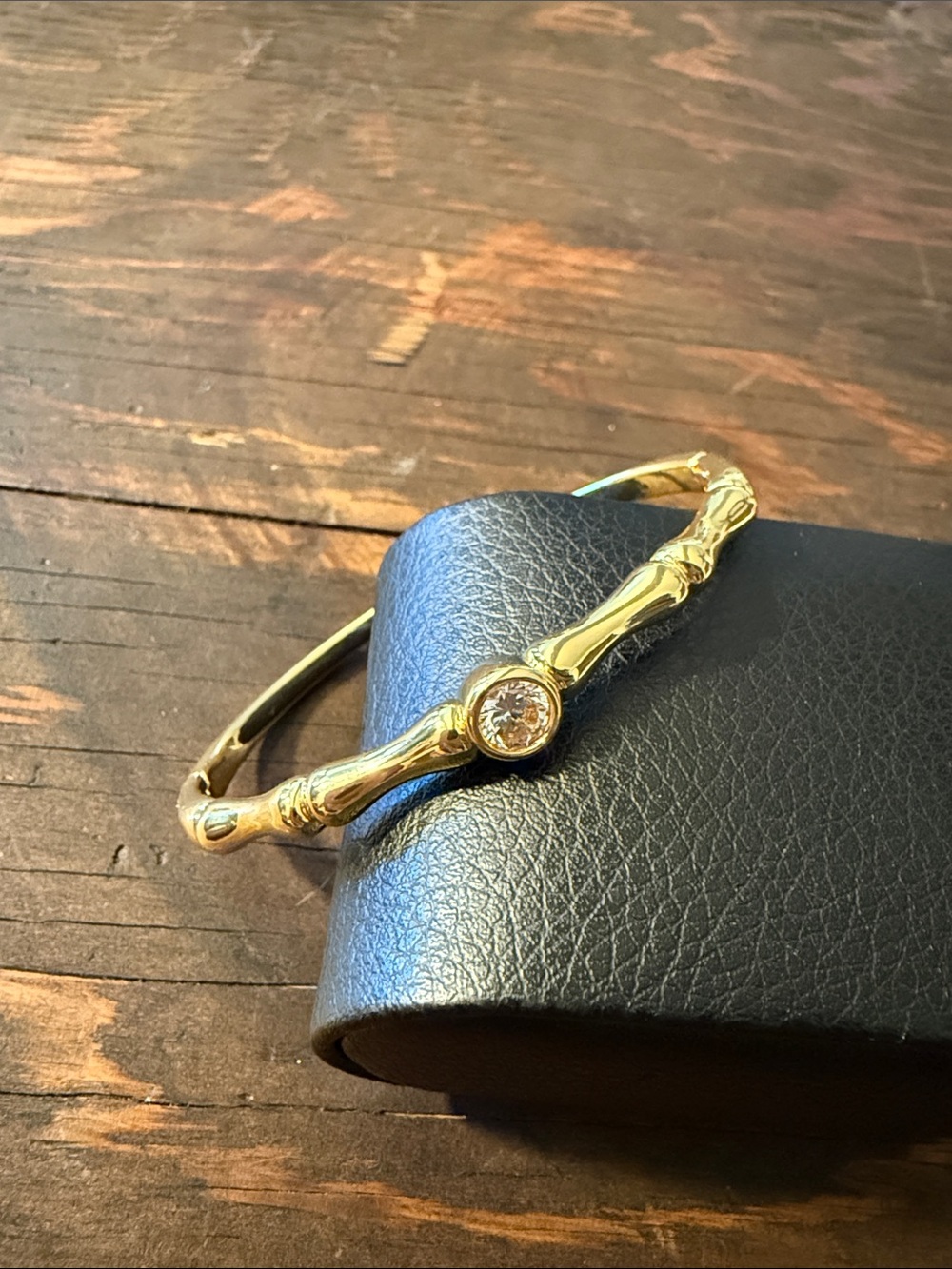 Gold Plated Bamboo-Style Bangle Bracelet with Clear Stone